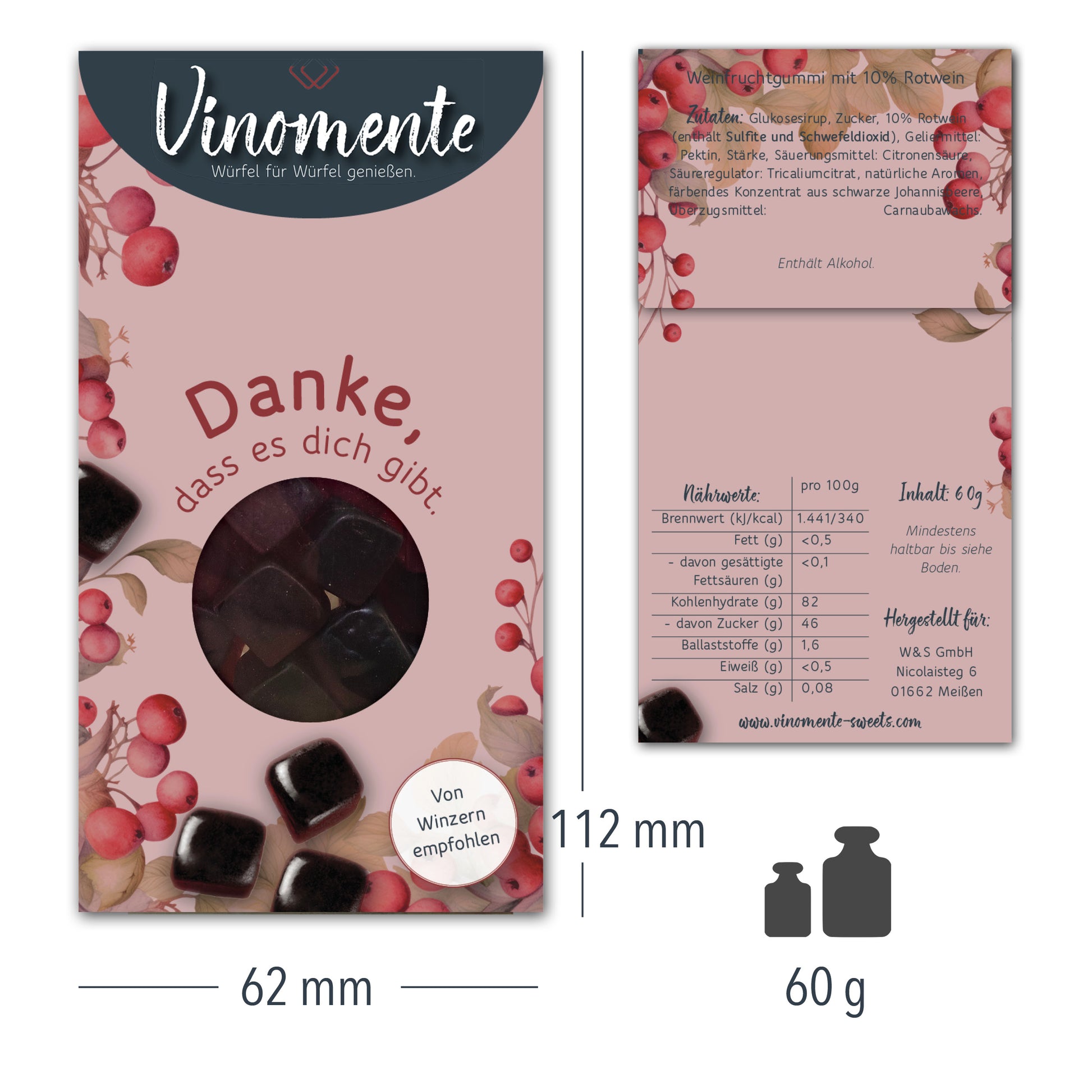 Glückwunsch-Mini Weingummi Rotwein, Danke, Weingeschenk, Geschenk für Weinliebhaber, Gastgeschenk,  Vinomente - eine Marke der W&S Wine & Sweets GmbH