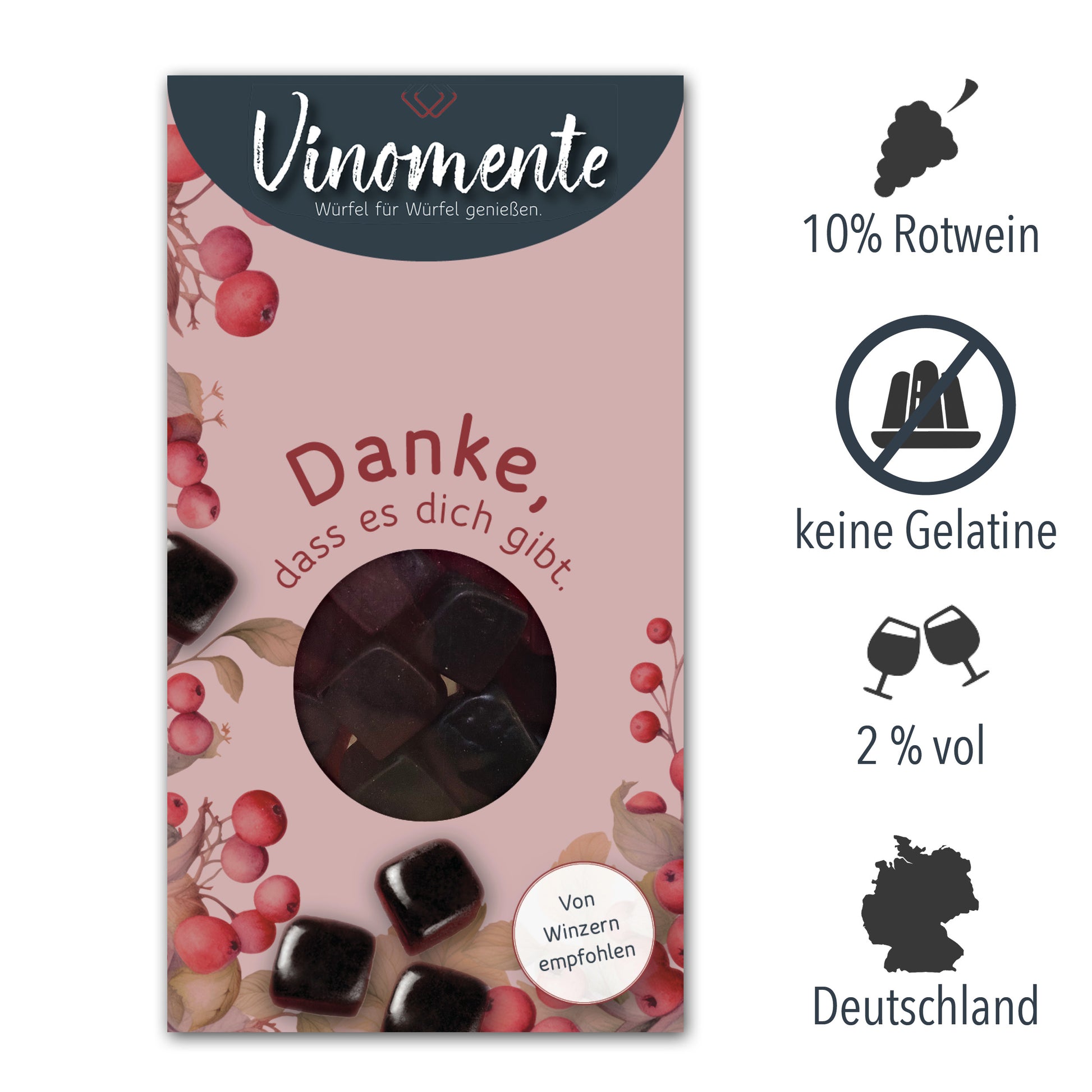 Glückwunsch-Mini Weingummi Rotwein, Danke, Weingeschenk, Geschenk für Weinliebhaber, Gastgeschenk,  Vinomente - eine Marke der W&S Wine & Sweets GmbH