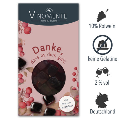 Glückwunsch-Mini Weingummi Rotwein, Danke, Weingeschenk, Geschenk für Weinliebhaber, Gastgeschenk,  Vinomente - eine Marke der W&S Wine & Sweets GmbH