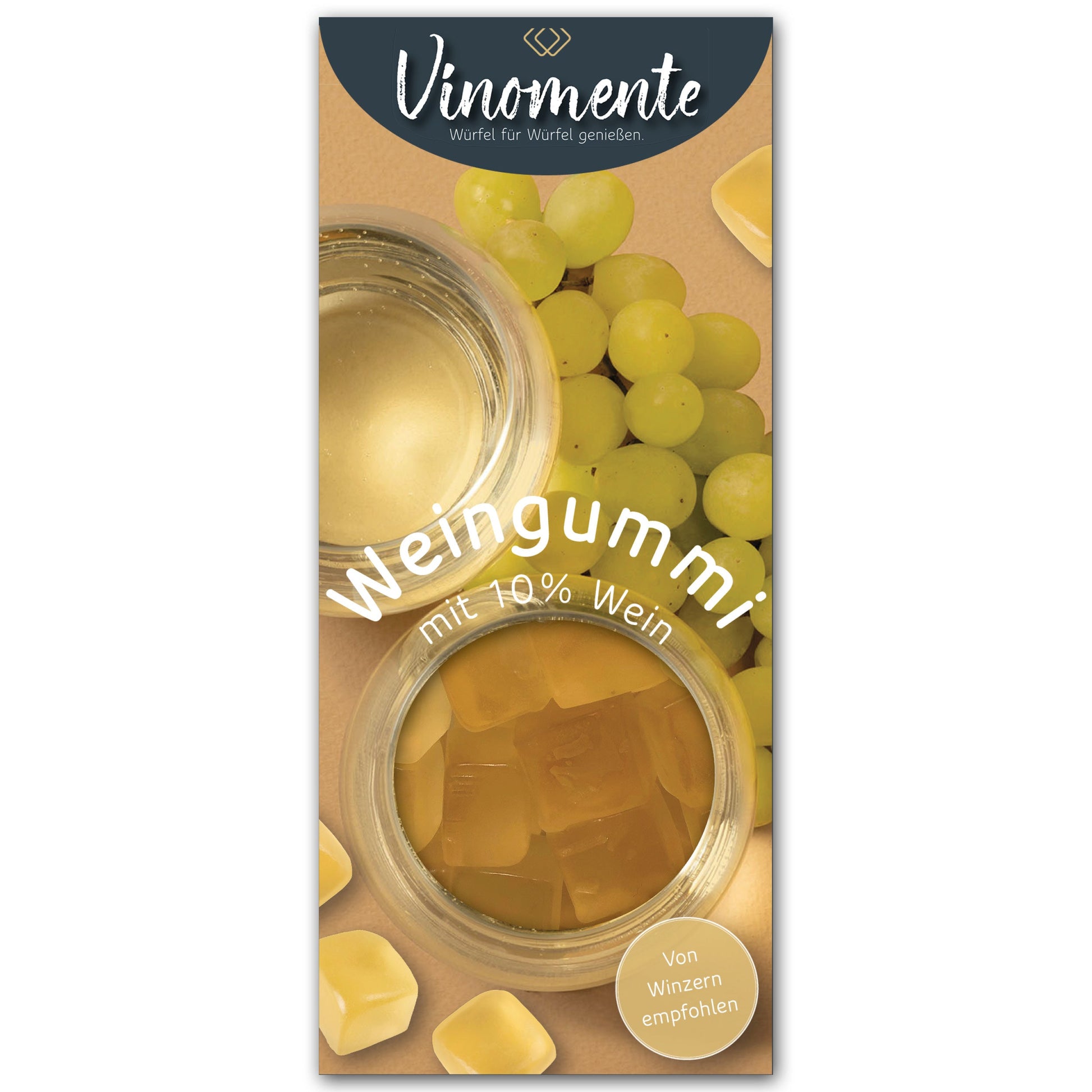 Weingummi mit Weißwein, Weingeschenk und Geschenk für Weinliebhaber, Gastgeschenk unter 5 €, Vinomente ist eine Marke der W&S Wine & Sweets GmbH, Hersteller von Weingummi mit Wein, laktosefrei, glutenfrei  ohne Gelatine