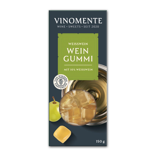Weingummi mit Weißwein, Weingeschenk und Geschenk für Weinliebhaber, Gastgeschenk unter 5 €, Vinomente ist eine Marke der W&S Wine & Sweets GmbH, Hersteller von Weingummi mit Wein, laktosefrei, glutenfrei  ohne Gelatine