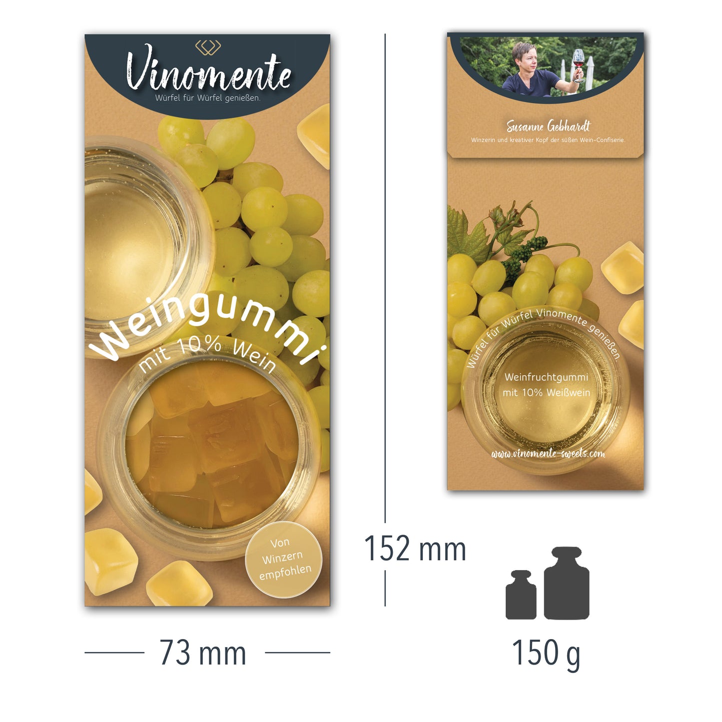 Weingummi mit Weißwein, Weingeschenk und Geschenk für Weinliebhaber, Gastgeschenk unter 5 €, Vinomente ist eine Marke der W&S Wine & Sweets GmbH, Hersteller von Weingummi mit Wein, laktosefrei, glutenfrei  ohne Gelatine