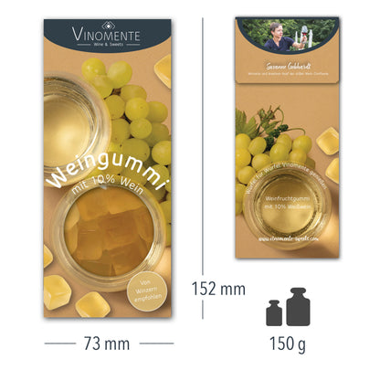 Weingummi mit Weißwein, Weingeschenk und Geschenk für Weinliebhaber, Gastgeschenk unter 5 €, Vinomente ist eine Marke der W&S Wine & Sweets GmbH, Hersteller von Weingummi mit Wein, laktosefrei, glutenfrei  ohne Gelatine