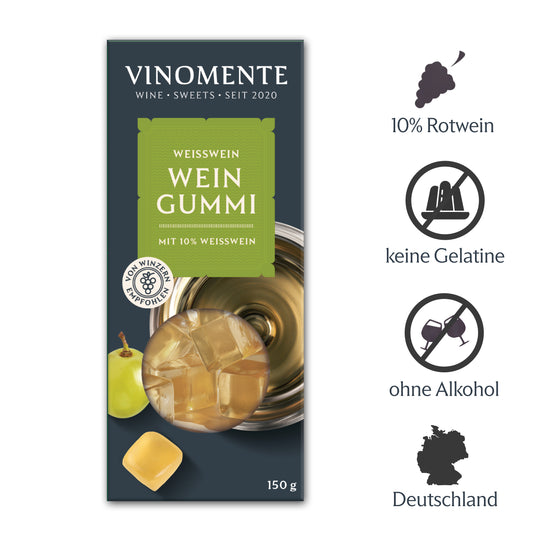 Weingummi mit Weißwein, Weingeschenk und Geschenk für Weinliebhaber, Gastgeschenk unter 5 €, Vinomente ist eine Marke der W&S Wine & Sweets GmbH, Hersteller von Weingummi mit Wein, laktosefrei, glutenfrei  ohne Gelatine
