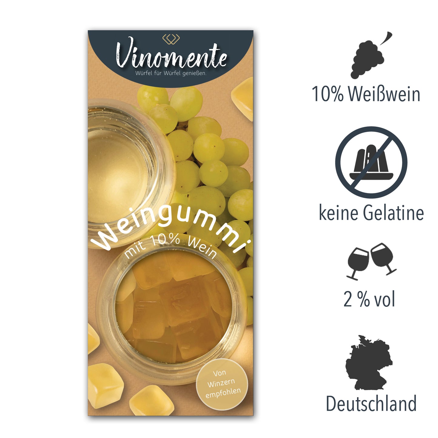 Weingummi mit Weißwein, Weingeschenk und Geschenk für Weinliebhaber, Gastgeschenk unter 5 €, Vinomente ist eine Marke der W&S Wine & Sweets GmbH, Hersteller von Weingummi mit Wein, laktosefrei, glutenfrei  ohne Gelatine