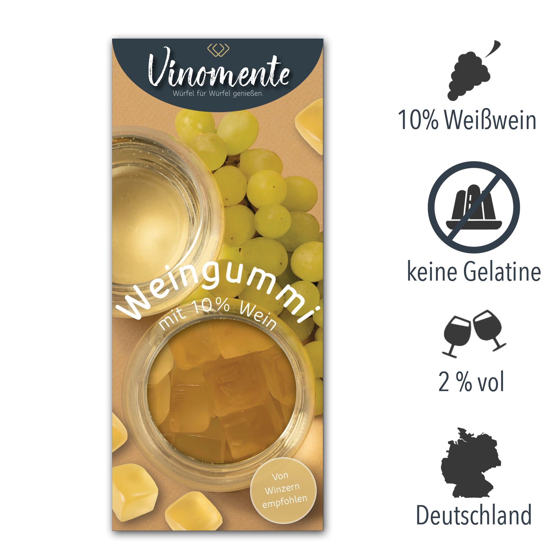 Weingummi mit Weißwein, Weingeschenk und Geschenk für Weinliebhaber, Gastgeschenk unter 5 €, Vinomente ist eine Marke der W&S Wine & Sweets GmbH, Hersteller von Weingummi mit Wein, laktosefrei, glutenfrei  ohne Gelatine