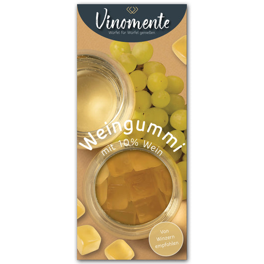 Weingummi mit Weißwein, Weingeschenk und Geschenk für Weinliebhaber, Gastgeschenk unter 5 €, Vinomente ist eine Marke der W&S Wine & Sweets GmbH, Hersteller von Weingummi mit Wein, laktosefrei, glutenfrei  ohne Gelatine