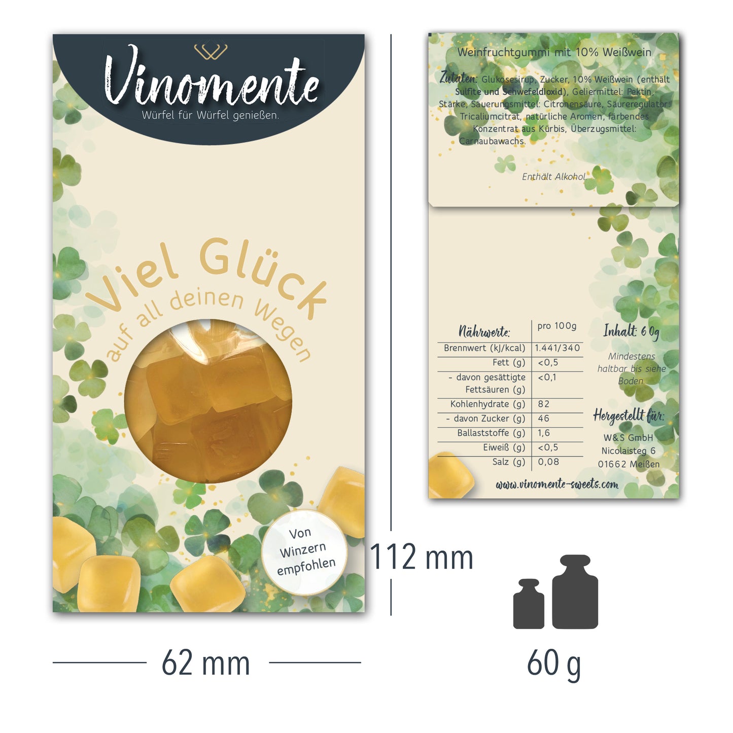 Glückwunsch-Mini Weingummi Weißwein, Viel Glück, Weingeschenk, Geschenk für Weinliebhaber, Gastgeschenk,  Vinomente - eine Marke der W&S Wine & Sweets GmbH