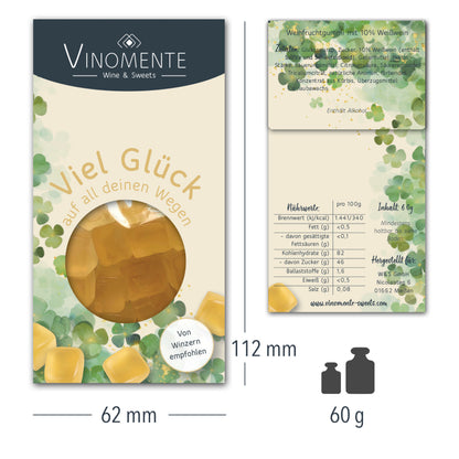 Glückwunsch-Mini Weingummi Weißwein, Viel Glück, Weingeschenk, Geschenk für Weinliebhaber, Gastgeschenk,  Vinomente - eine Marke der W&S Wine & Sweets GmbH