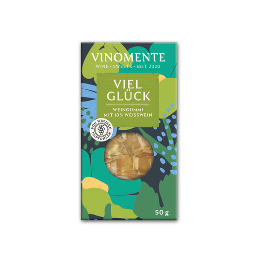 Glückwunsch-Mini Weingummi Weißwein, Viel Glück, Weingeschenk, Geschenk für Weinliebhaber, Gastgeschenk,  Vinomente - eine Marke der W&S Wine & Sweets GmbH