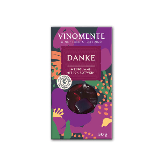 Glückwunsch-Mini Weingummi Rotwein, Danke, Weingeschenk, Geschenk für Weinliebhaber, Gastgeschenk,  Vinomente - eine Marke der W&S Wine & Sweets GmbH