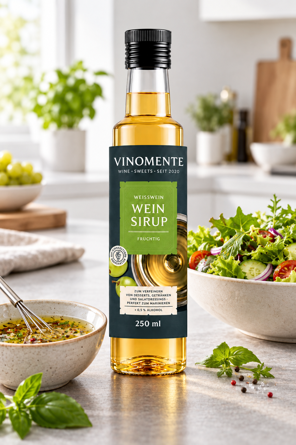 Vinomente, Weinsirup, Weißwein, 250ml, zum Marinieren und Verfeinern von Desserts, Salaten und Getränken. Eine Marke der W&S Wine & Sweets GmbH