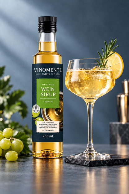 Vinomente, Weinsirup, Weißwein, 250ml, zum Marinieren und Verfeinern von Desserts, Salaten und Getränken. Eine Marke der W&S Wine & Sweets GmbH